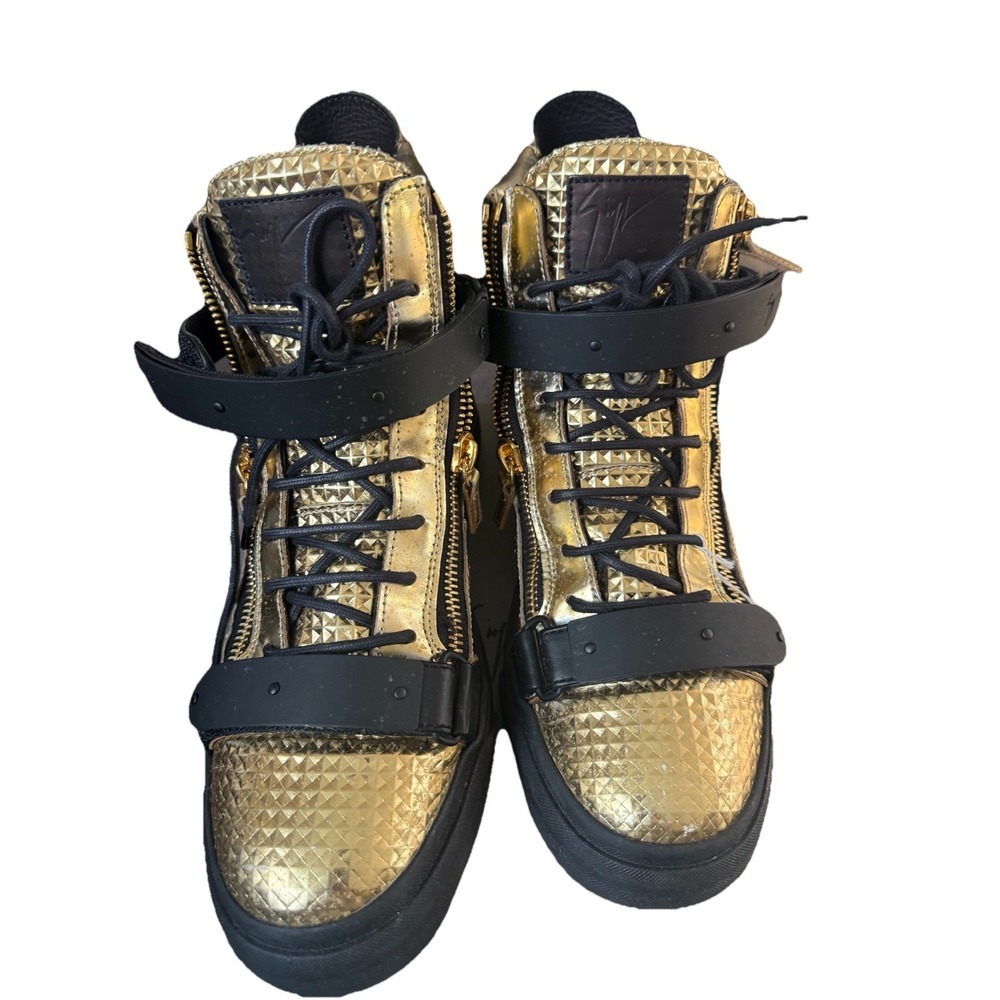 Giuseppe Zanotti Mens Gold Studded High Top Sneakers Double Zip Buckle Size 44